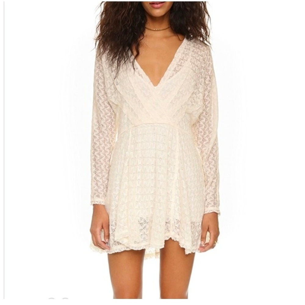 Free People Snug Bug Dress XS Ivory Lace Faux Wrap Tassel Boho ethereal fairy - Picture 10 of 10